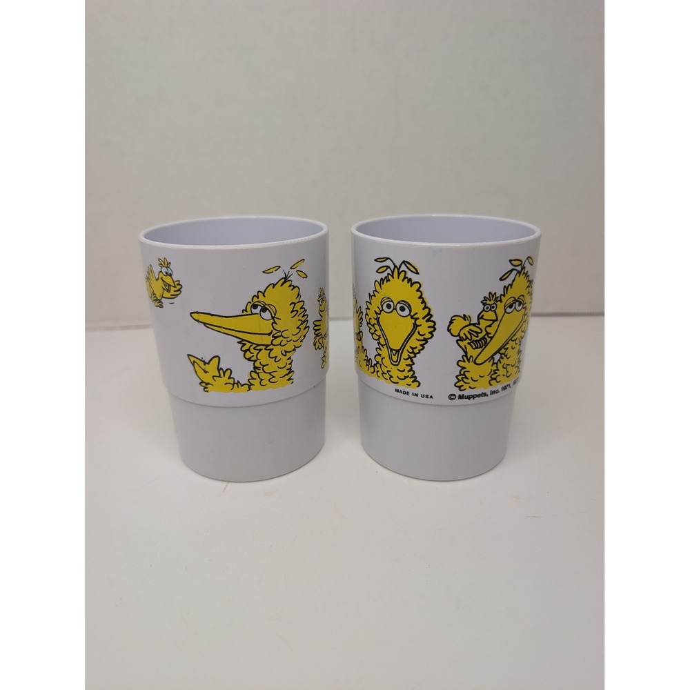 Vintage 1977 Sesame Street Big Bird Plastic Cup Set of 2 Muppets Inc Made in USA